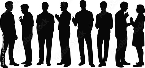 Eight silhouettes of people in pairs facing each other and conversing, symbolizing communication, teamwork, networking, collaboration, workplace diversity, and social interaction