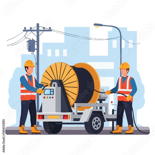 Utility Workers Installing Power Line or Fiber Optic Cable. Electricians Pulling Wire from Large Cable Reel Drum Trailer on City Street.