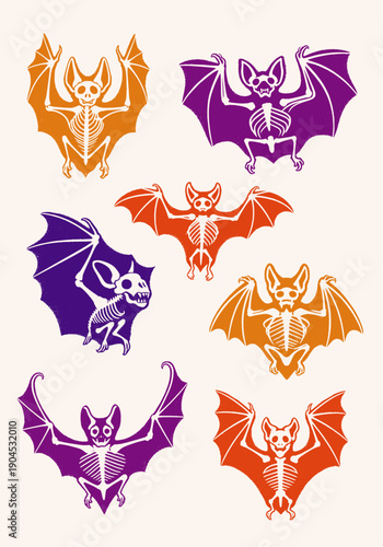 Vector graphic of several spooky bat skeletons in orange, purple, and red with a distressed, grungy texture, ideal for Halloween holiday designs