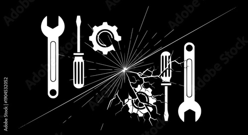 A dramatic illustration of tools breaking through a cracked surface