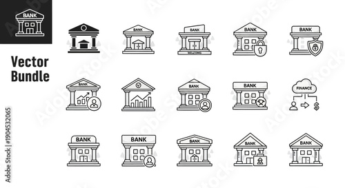 Vector bundle of various bank building icons with financial and business symbols, representing banking services and secure transactions.