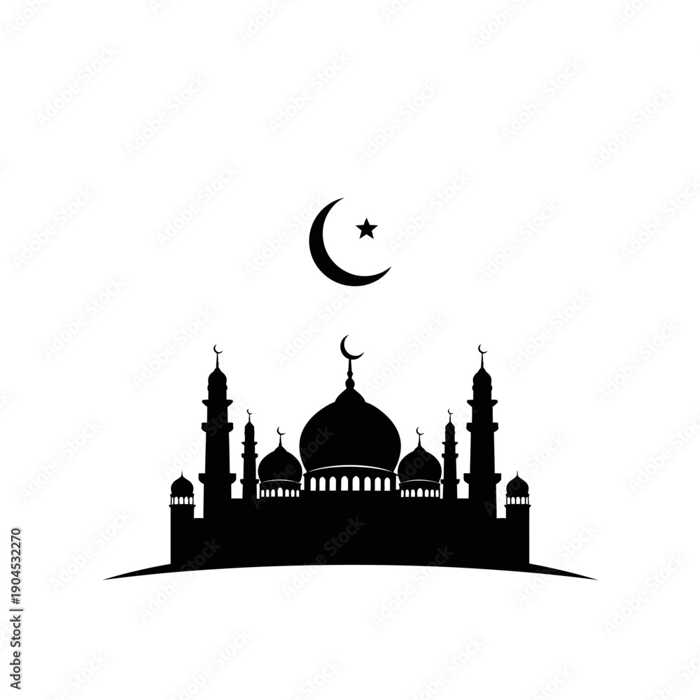 Fototapeta premium Silhouette of a mosque with crescent moon and star symbol.