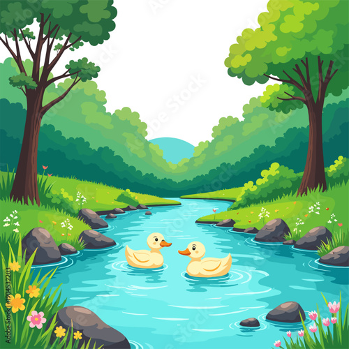 Peaceful forest river with ducks illustration, green woodland stream, cute waterfowl swimming, cartoon nature scene for children books, games and educational design