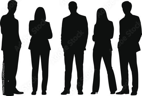 Five silhouettes of diverse professionals in business attire standing side by side with varied postures, symbolizing teamwork, workplace diversity, corporate unity, leadership, and collaboration