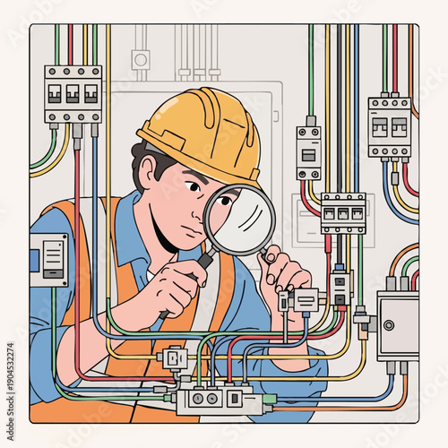 Electrician Inspecting Complex Electrical Wiring, Circuit Breaker Panel, and Data Network Components with Magnifying Glass