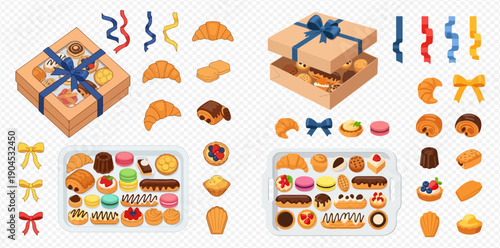 Delicious Assortment of French Pastries and Bakery Items with Gift Boxes and Ribbons.
