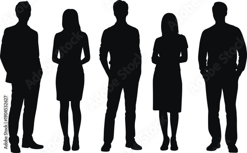 Five silhouettes of diverse professionals in business attire standing side by side, symbolizing teamwork, workplace diversity, corporate unity, leadership, anonymity, and collaboration