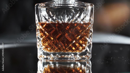 Crystal glass filled with amber spirit reflects light on a dark surface