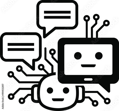 Chatbot robots communicate complex ideas using speech bubbles and circuit.