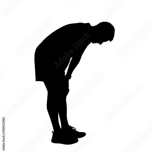 Silhouette of Exhausted Male Athlete Bending Over to Catch Breath.