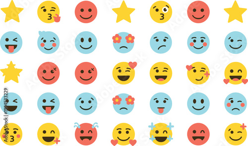 Grid of colorful emoji faces and star icons, expressive emotions illustration, playful character design, psychological study of reactions, creative art for communication
