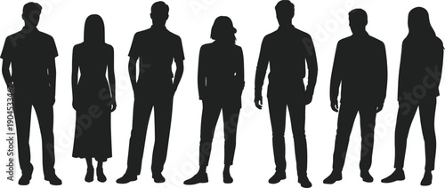 Seven diverse silhouettes of individuals in varied clothing styles standing side by side, symbolizing teamwork, unity, fashion diversity, anonymity, and professional collaboration