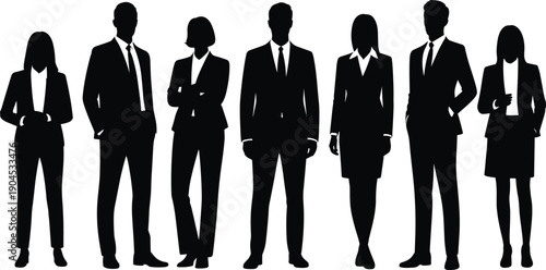 Seven silhouettes of diverse professionals in business attire standing side by side, symbolizing corporate teamwork, workplace diversity, leadership, unity, and professional collaboration