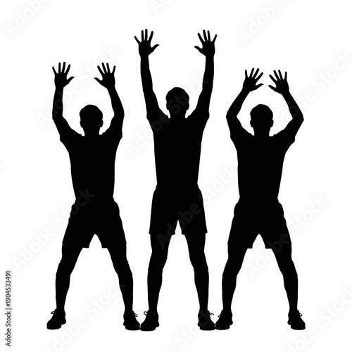 Silhouetted Men Performing Jumping Jacks Exercise in Sync.
