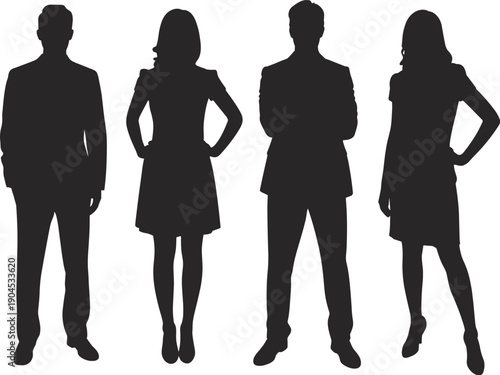 Silhouette of diverse professionals in suits and dresses standing side by side, symbolizing teamwork, workplace diversity, leadership, collaboration, and unity in modern corporate environment