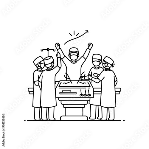 Successful surgery team celebrating with rising graph line illustration.