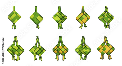 Diamond-shaped woven palm leaf containers, also known as Ketupat, a traditional Southeast Asian dish