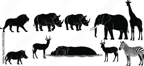 Silhouettes of African wildlife animals including lion, elephant, giraffe, rhinoceros, zebra, antelope, hippopotamus, warthog, biodiversity illustration for nature, conservation and education