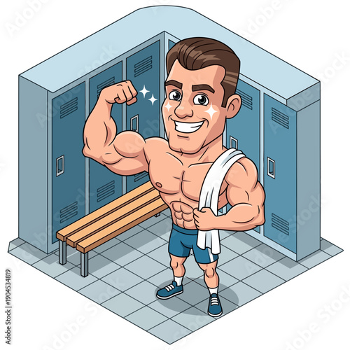 Cartoon muscular man flexing in a locker room with lockers and bench.