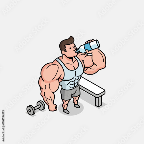 Muscular cartoon man drinking from a protein shake bottle after a workout.