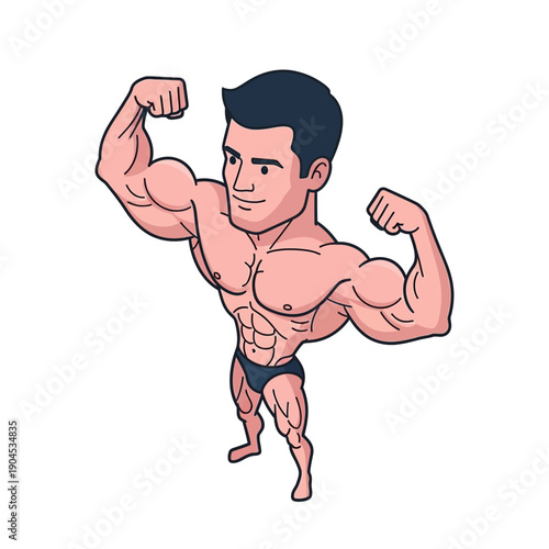 Muscular cartoon man flexing his biceps and posing confidently.