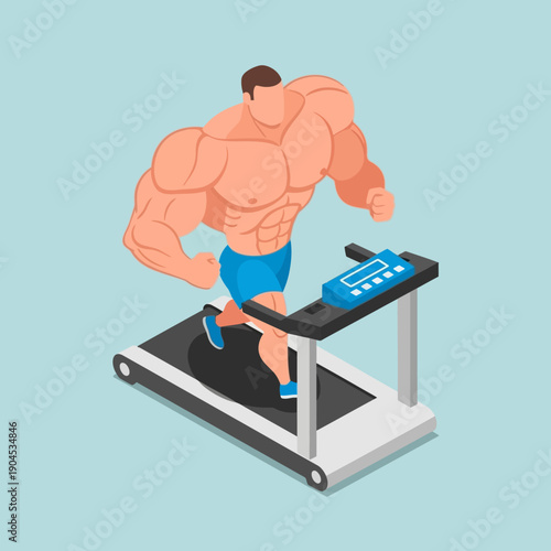 Muscular man running on a treadmill exercising.
