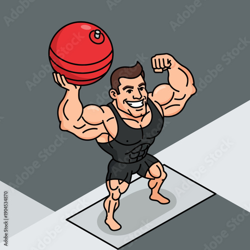 Cartoon man exercising with a medicine ball on a yoga mat.