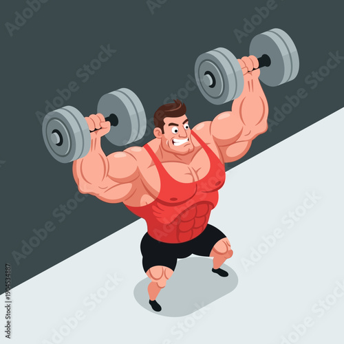 Cartoon illustration of a muscular man lifting dumbbells in a red tank top.