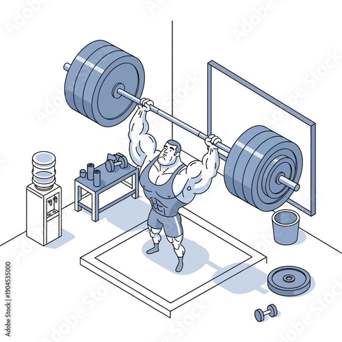 Isometric illustration of a weightlifter lifting heavy barbell in a gym.