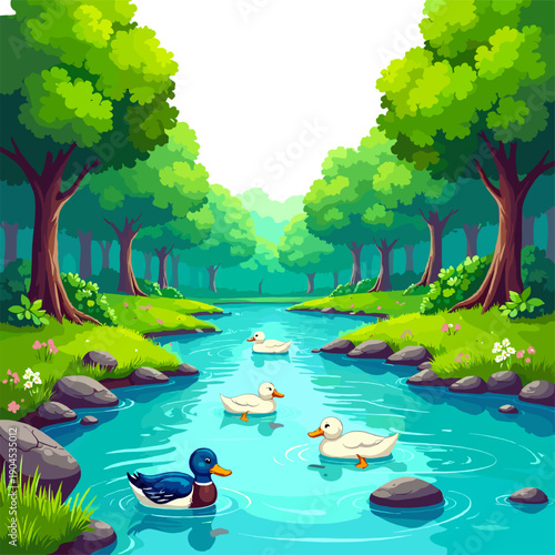 Peaceful forest river with ducks illustration, green woodland stream, cute waterfowl swimming, cartoon nature scene for children books, games and educational design