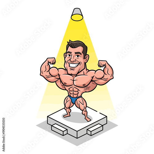 Cartoon bodybuilder posing on a stage under a spotlight.