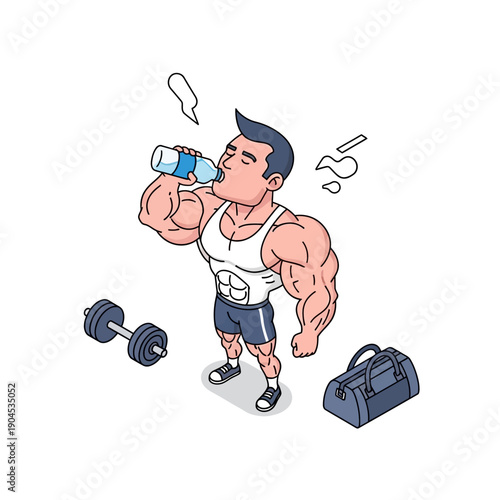 Muscular cartoon man drinking water after a workout session.
