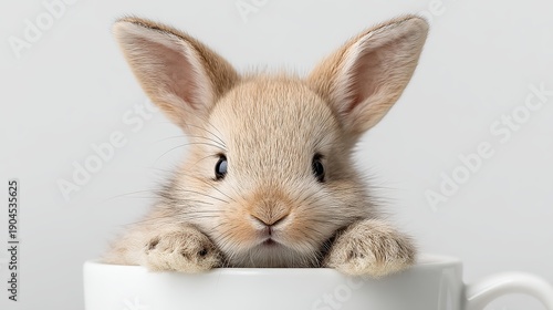 A cute rabbit sitting in a white coffee mug looking directly at the camera with big ears perked up