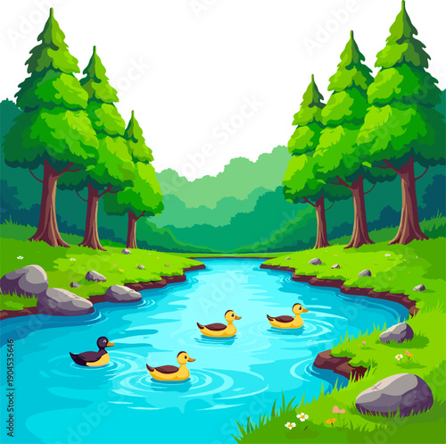 Peaceful forest river with ducks illustration, green woodland stream, cute waterfowl swimming, cartoon nature scene for children books, games and educational design