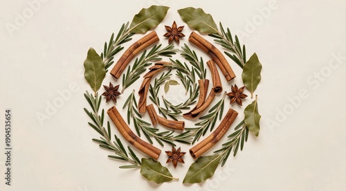 Cinnamon sticks and bay leaves in spiral pattern with star anise and rosemary