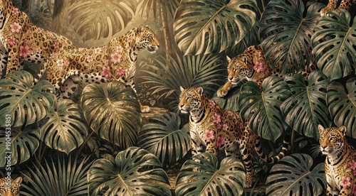 Leopards with flowers in lush tropical jungle setting