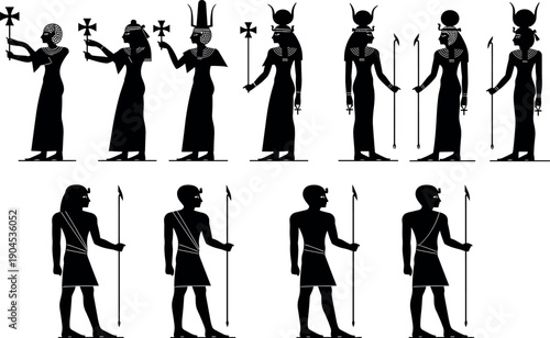 Ancient Egyptian Gods and Goddesses Vector Silhouettes Set with Male and Female Deities Holding Ankhs and Spears Isolated on White