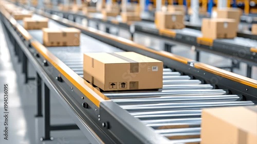 Wallpaper Mural A close-up view of an automated warehouse system featuring moving cardboard boxes on conveyors Torontodigital.ca