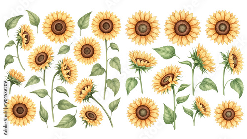 A beautiful collection of watercolor sunflower illustrations featuring single stems, bouquets, and flower heads in various stages of bloom.