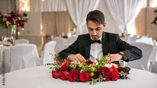 Wallpaper Mural A man in a suit arranging a floral centerpiece on a table in a bright, decorated hall Torontodigital.ca