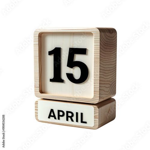 Wooden perpetual calendar block showing the date 15 april on transparent background
