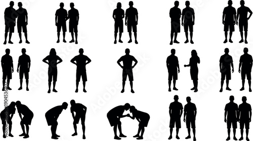 Set of Vector Silhouettes Depicting Men Friends Standing Together Interacting and Posing in Casual Clothes on White Background
