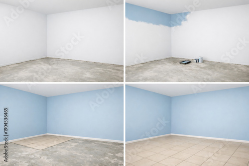 Modern empty room interior wall painting and floor tiling time lapse