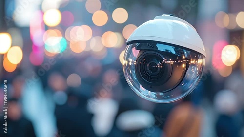 Wallpaper Mural A dome security camera hovers against a blurry, colorful background of lights and figures Torontodigital.ca