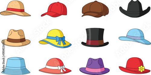 Diverse Headwear Set Featuring Top Hats, Cowboy Hats, Flat Caps, Fedora Styles, and Wide-Brimmed Sun Hats for Formal and Casual Fashion Design
