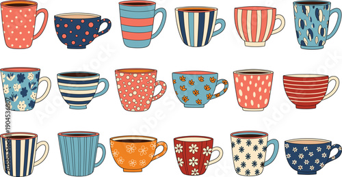 Diverse Patterned Ceramic Mug and Teacup Collection Featuring Polka Dots, Stripes, and Floral Designs for Café Branding and Cozy Kitchen Lifestyle