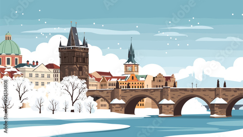 Charming winter cityscape featuring a snow covered stone bridge and historic european architecture during a peaceful snowfall.