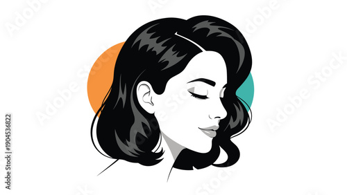 Serene profile portrait of a woman with short dark wavy hair and a peaceful expression against colorful circular background.