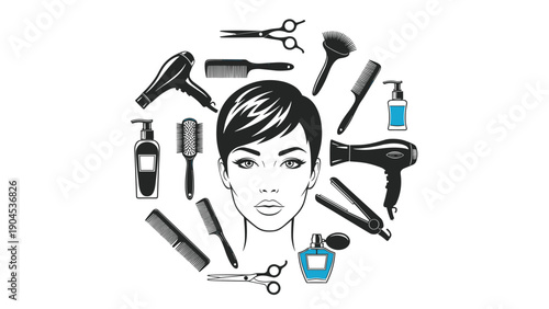 Creative circular design featuring a woman's face surrounded by various hair styling tools like dryers, combs, and scissors.