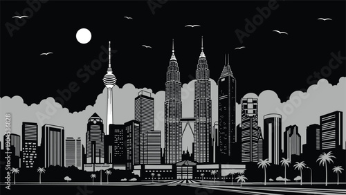 Monochromatic nighttime city skyline panorama featuring famous skyscrapers, palm trees, and a bright moon in a dark sky.